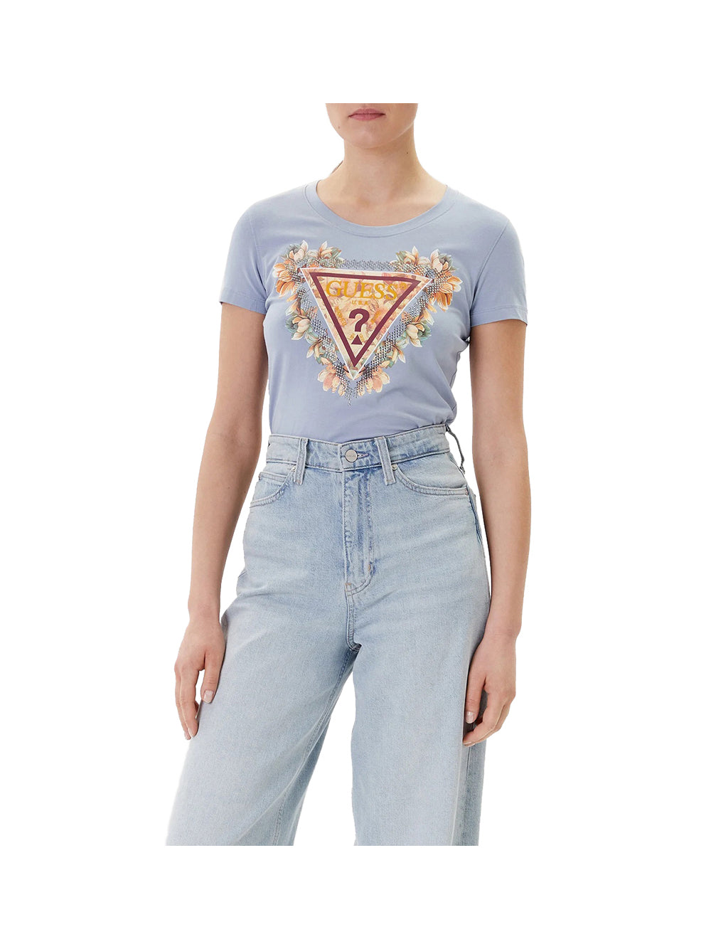 GUESS 1 USCITA Guess T-Shirt Ss Triangle Flowers Donna Azzurro - Blu Azzurro