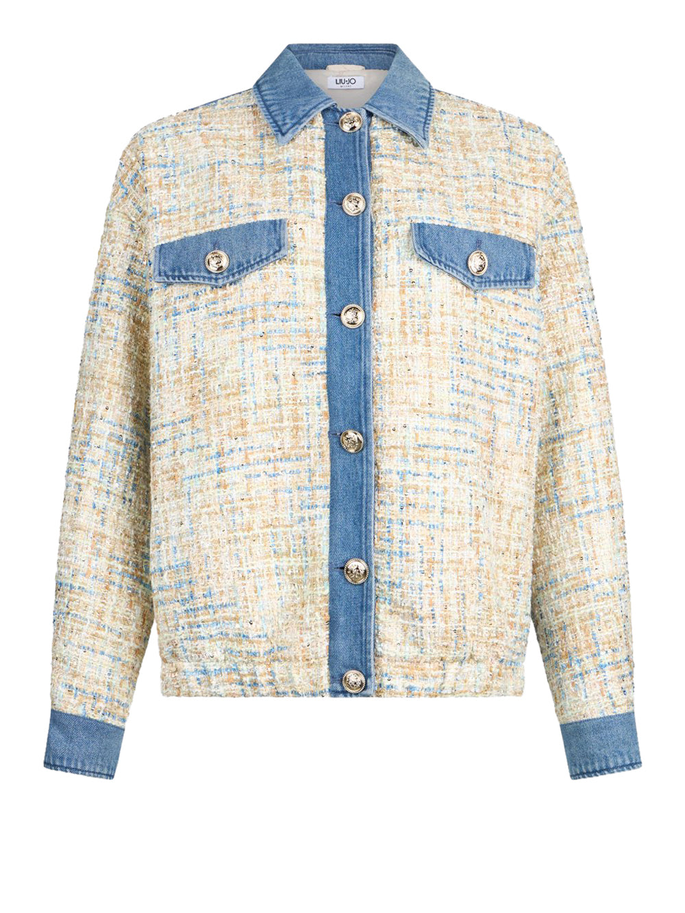 LIUJO DENIM Bomber Bouclé Con Inserti In Denim - Bianco/Denim MULTI