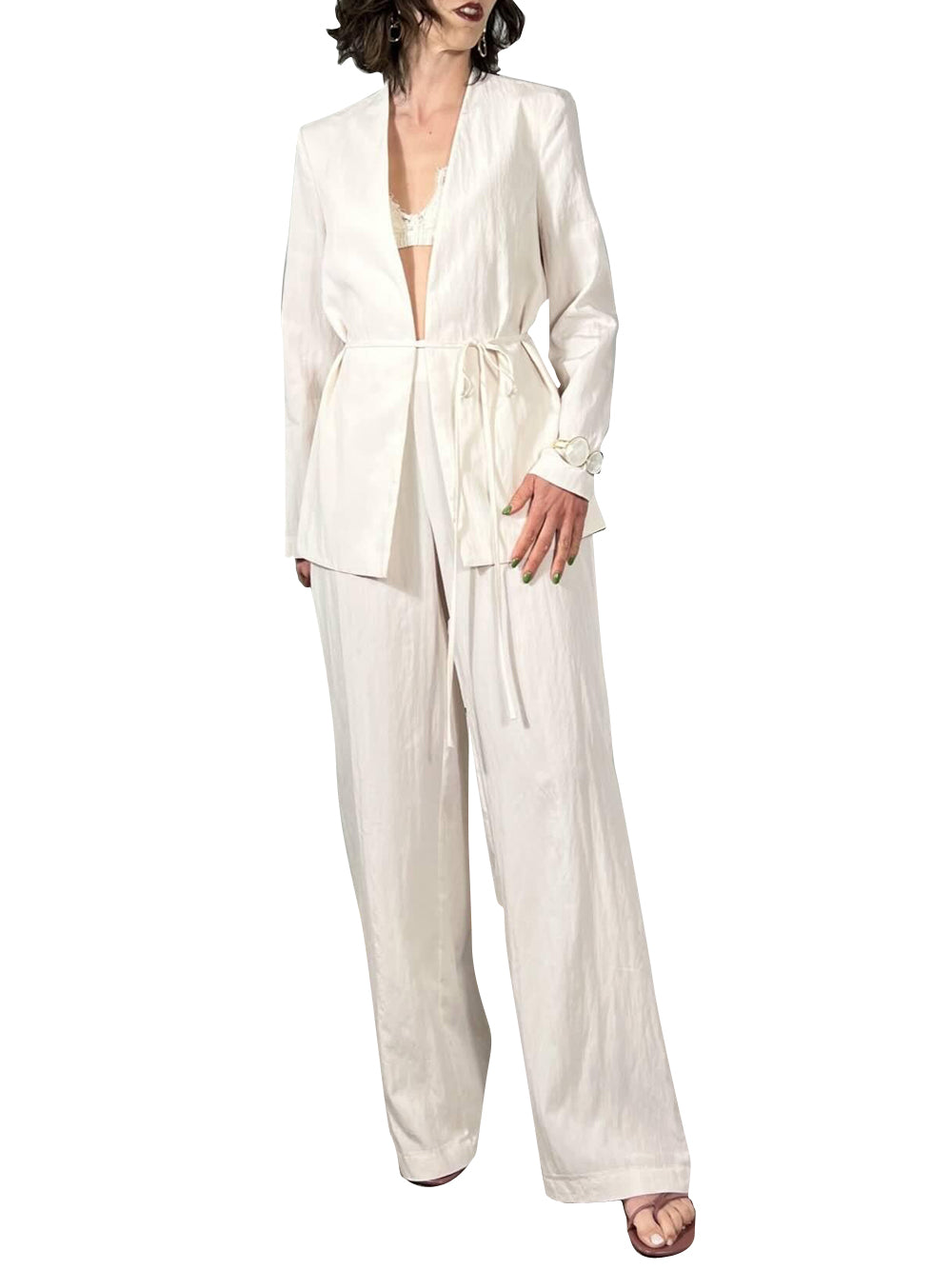 SUSY MIX Completo Giacca Kimono Con Cinta e Pantalone A Palazzo Susy Mix - Panna Panna
