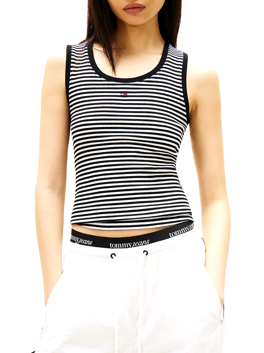 TOMMY JEANS 2USCITA Tommy Jeans Canotta Slim Fit A Coste Con Logo - Nero Bianco Black/Ecru Stripe