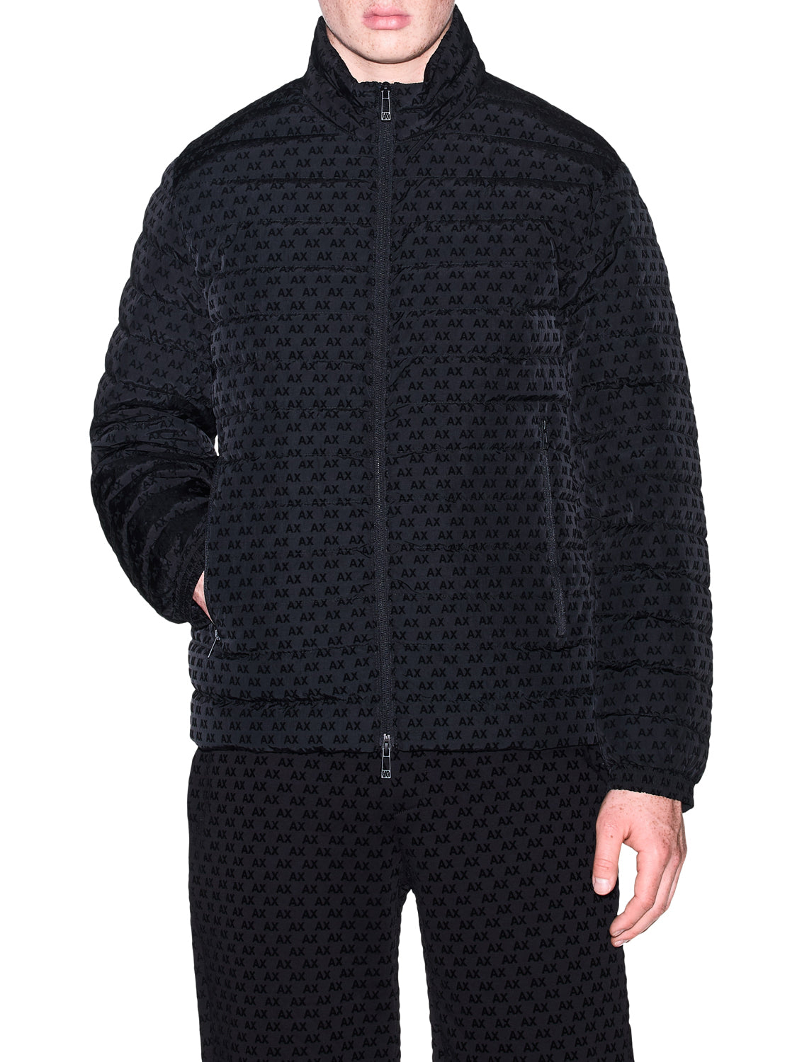 ARMANI EXCHANGE Armani Exchange Piumino Fullzip Con Collo Alto E Logo Floccato All Over - Nero BLACK
