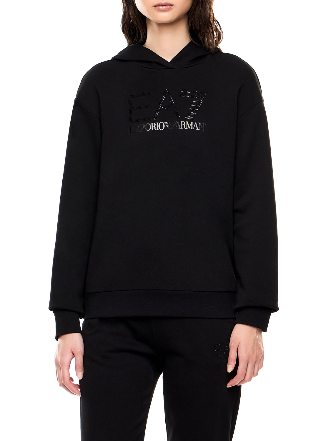 EA7 Felpa Con Cappuccio Elasticizzata Con Micro Borchie Della Serie Logo EA7 - Nero Black / Black