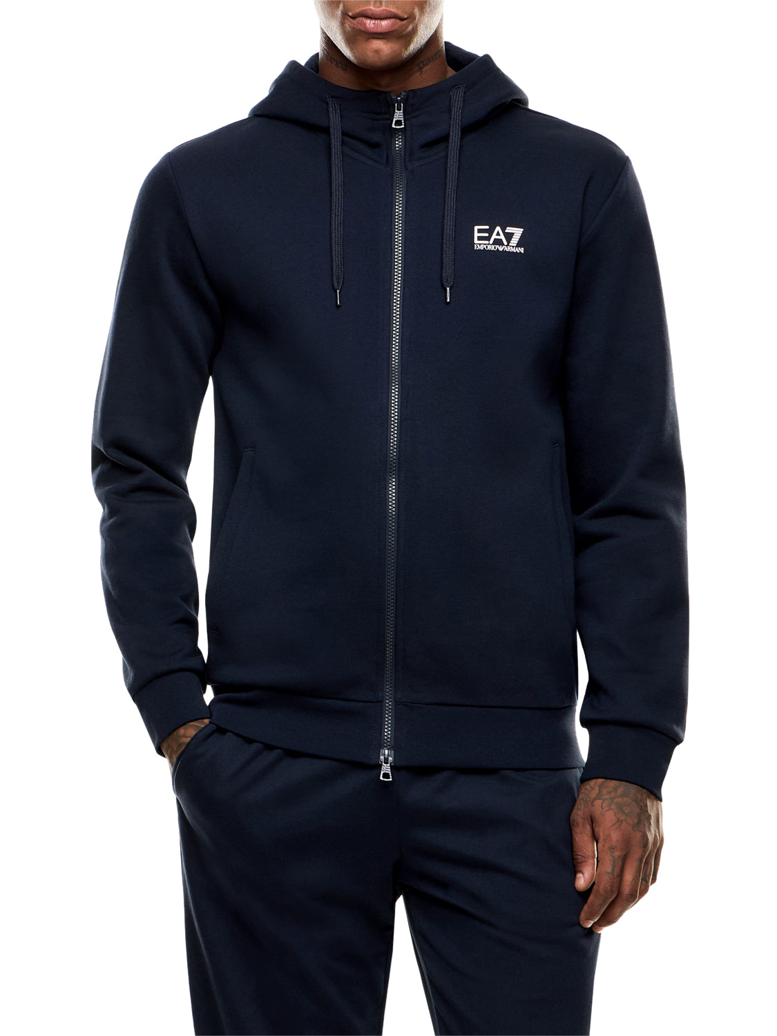 EA7 Felpa Ea7 con cotone zip intera e cappuccio Core Identity - Blu Armani Blue
