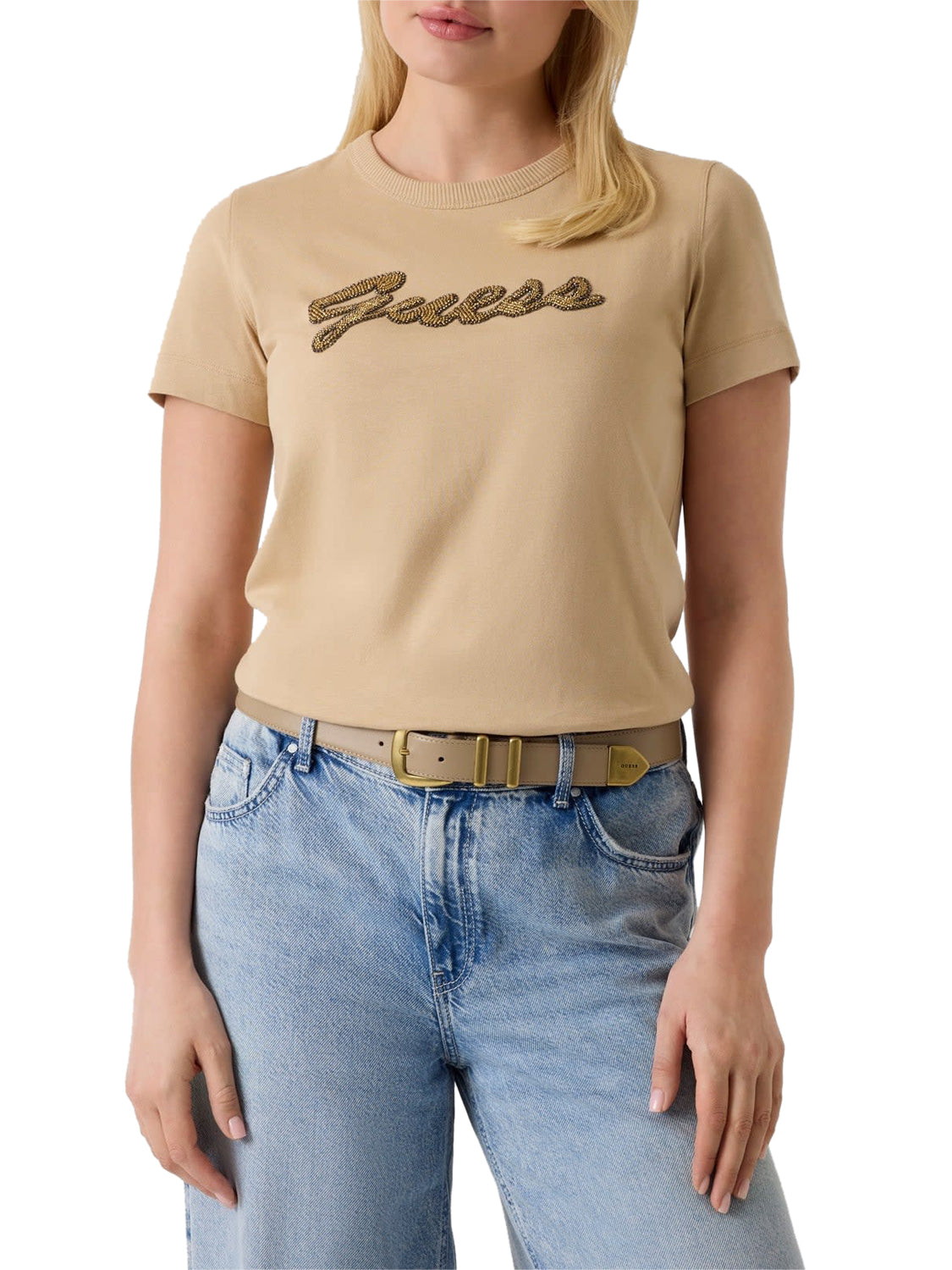 Guess Tshirt Ss Cn Beads Script Tee Guess - Tan TAN