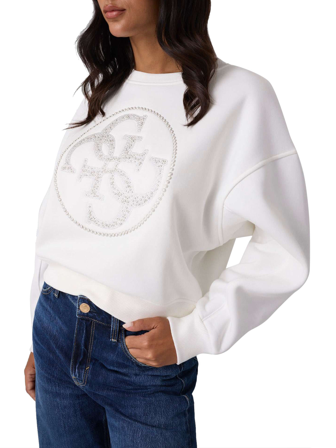 Guess Felpa Guess Cn 4G Round Logo Rhinestones Bianco Cream white