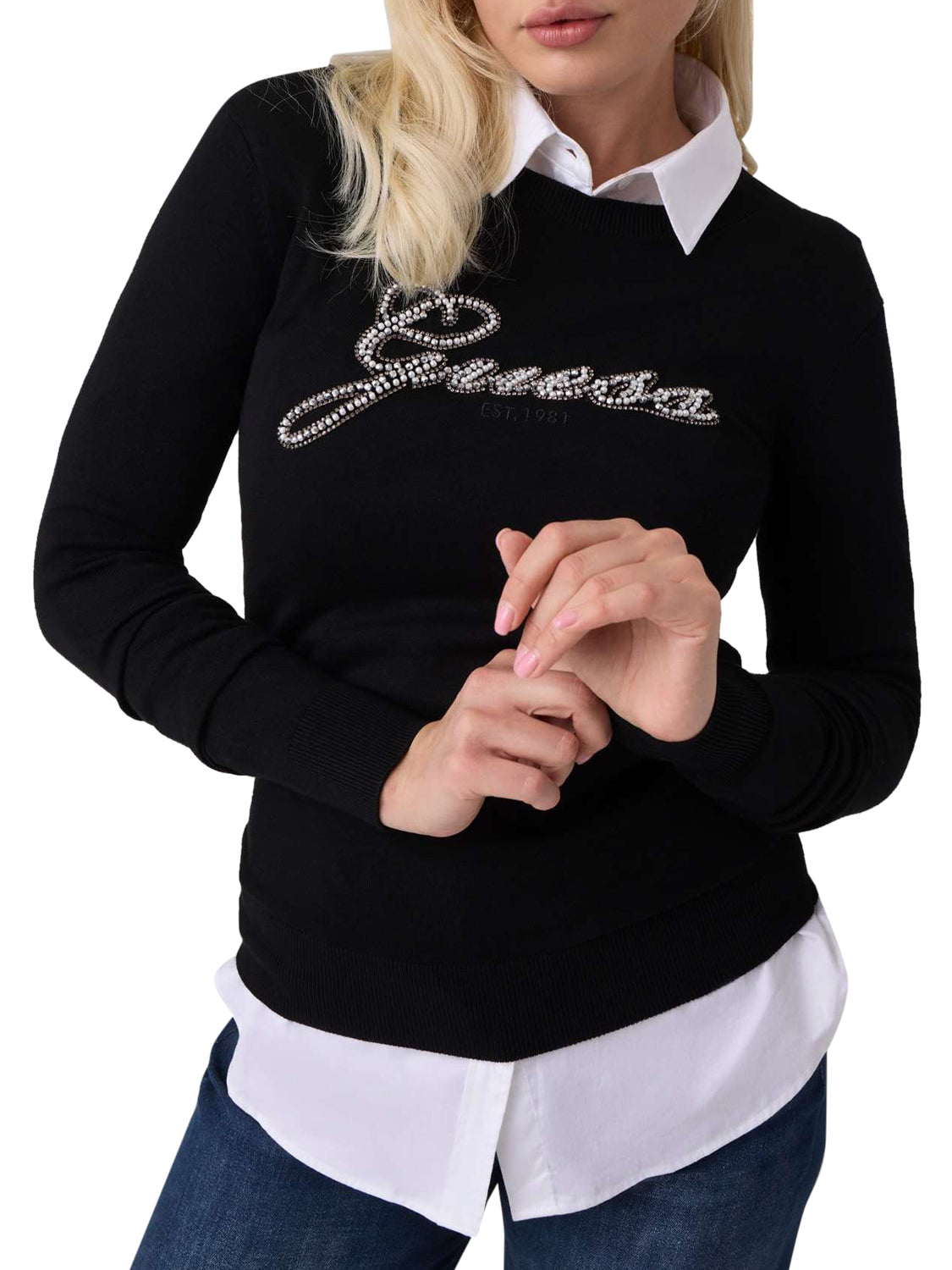 GUESS 2 USCITA T-Shirt Guess Ls Cn Georgia Logo Swtr - Nero Jet Black A996