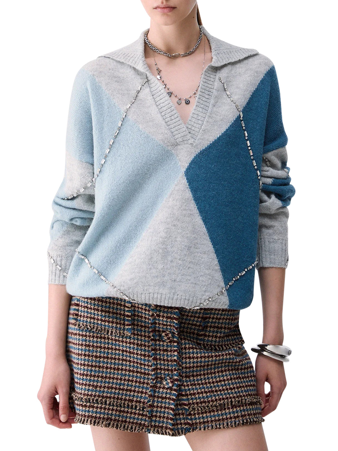 LIU.JO WHITE Maglia Argyle Con Ricami Gioiello Liu Jo - Blu Blue Ballantyne