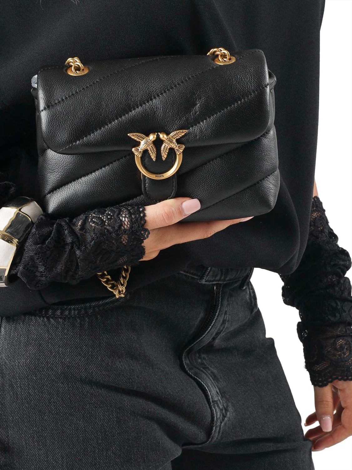 PINKO Borsa A Tracolla Pinko Love Puff Baby Small B. Sheep Nero Nero-Antique Gold