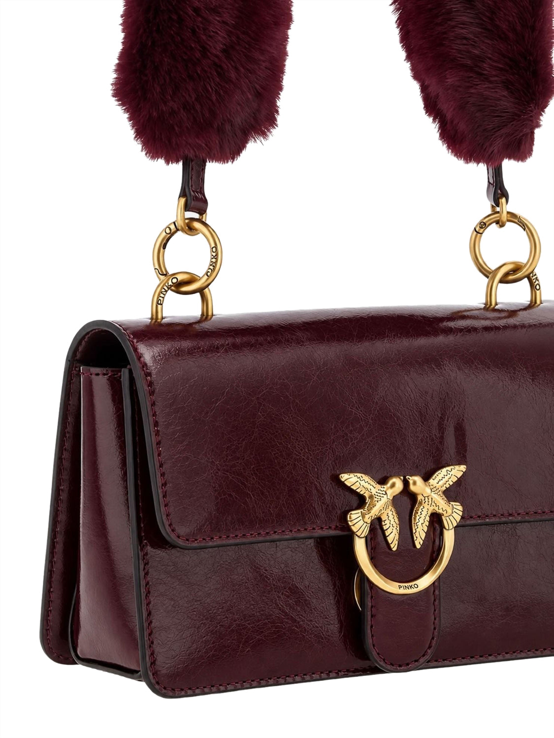 Pinko Borsa Love One Mini In Pelle Con Tracolla Effetto Pelliccia Pinko - Bordeaux Borgogna-Antique Gold