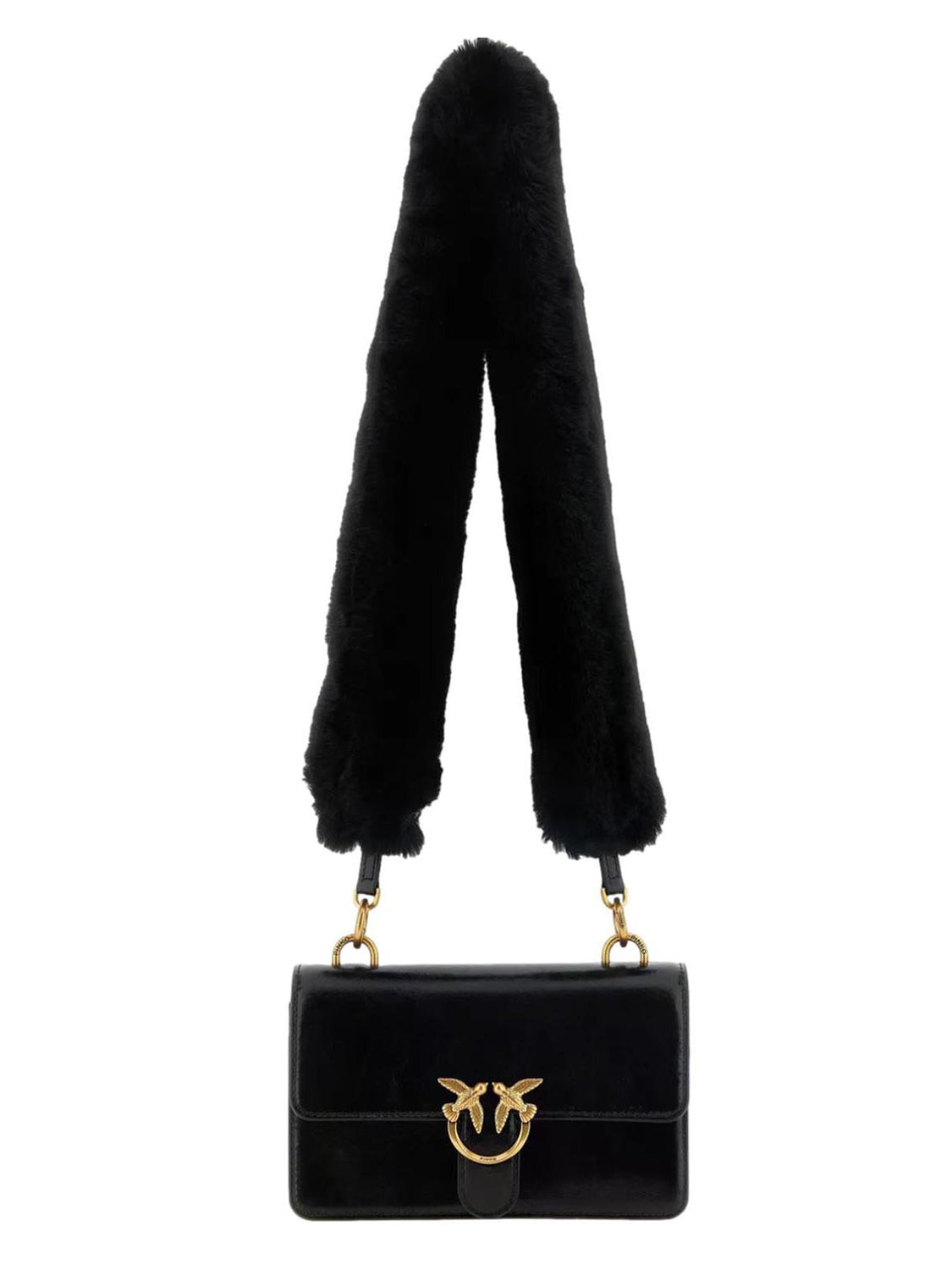 Pinko Borsa Love One Mini In Pelle Con Tracolla Effetto Pelliccia Pinko - Nero/Oro Nero-Antique Gold