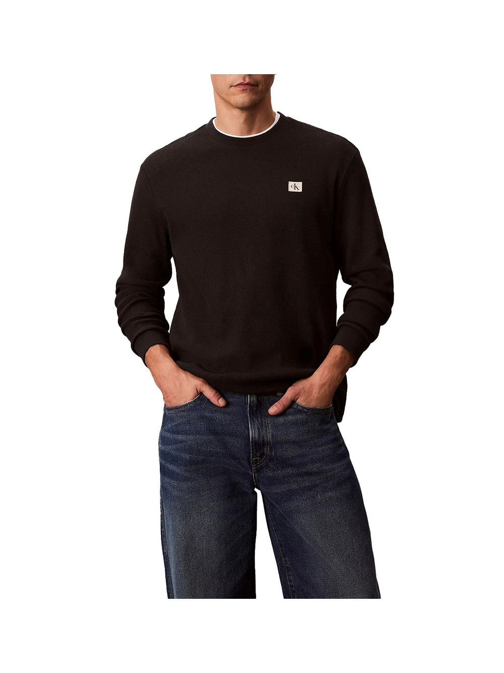CALVIN2 1USCITA Calvin Klein ls Waffle Badge Crew Maglia Uomo - Nero Nero