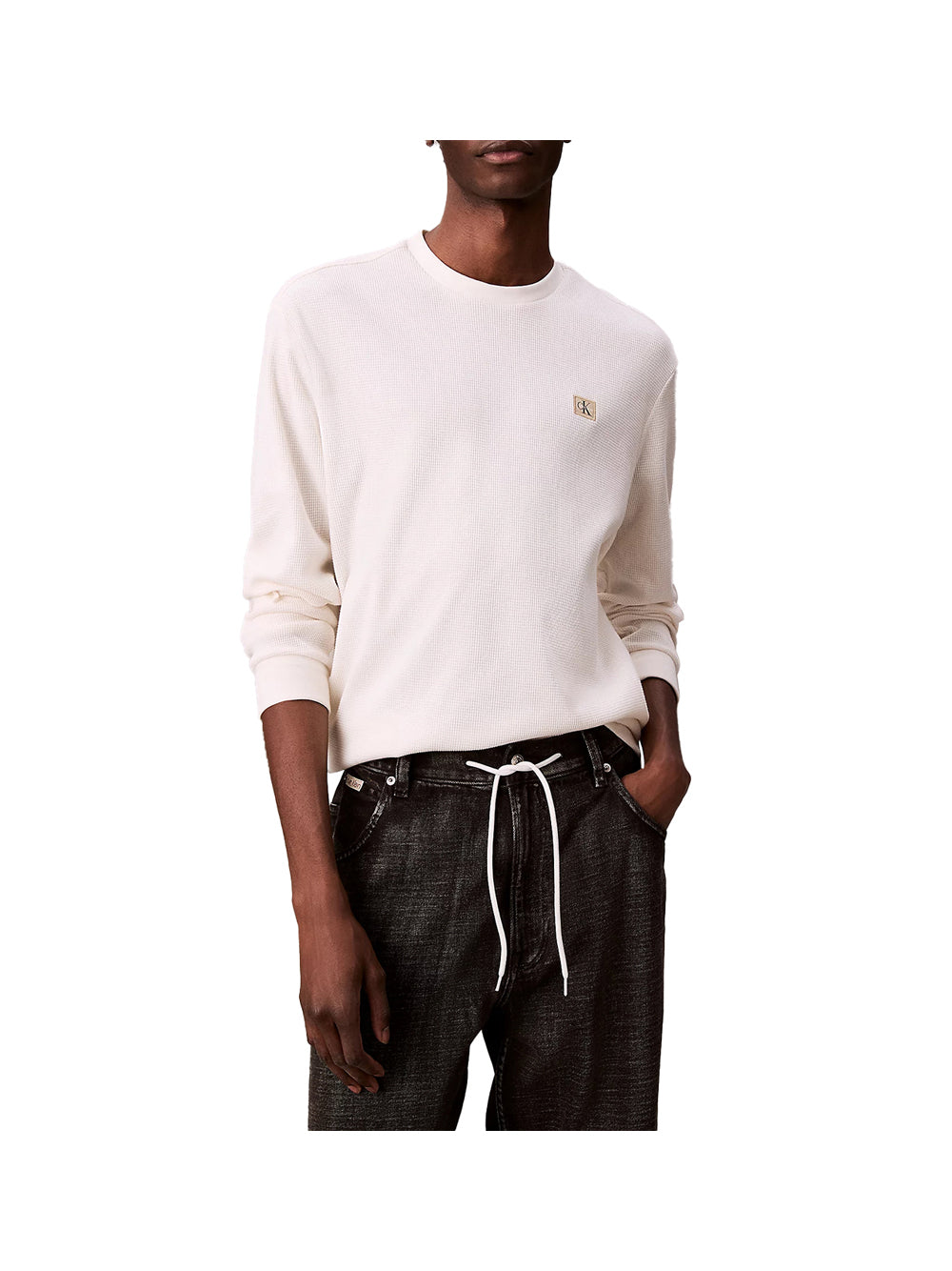 CALVIN2 1USCITA Calvin Klein ls Waffle Badge Crew Maglia Uomo - Bianco Bianco