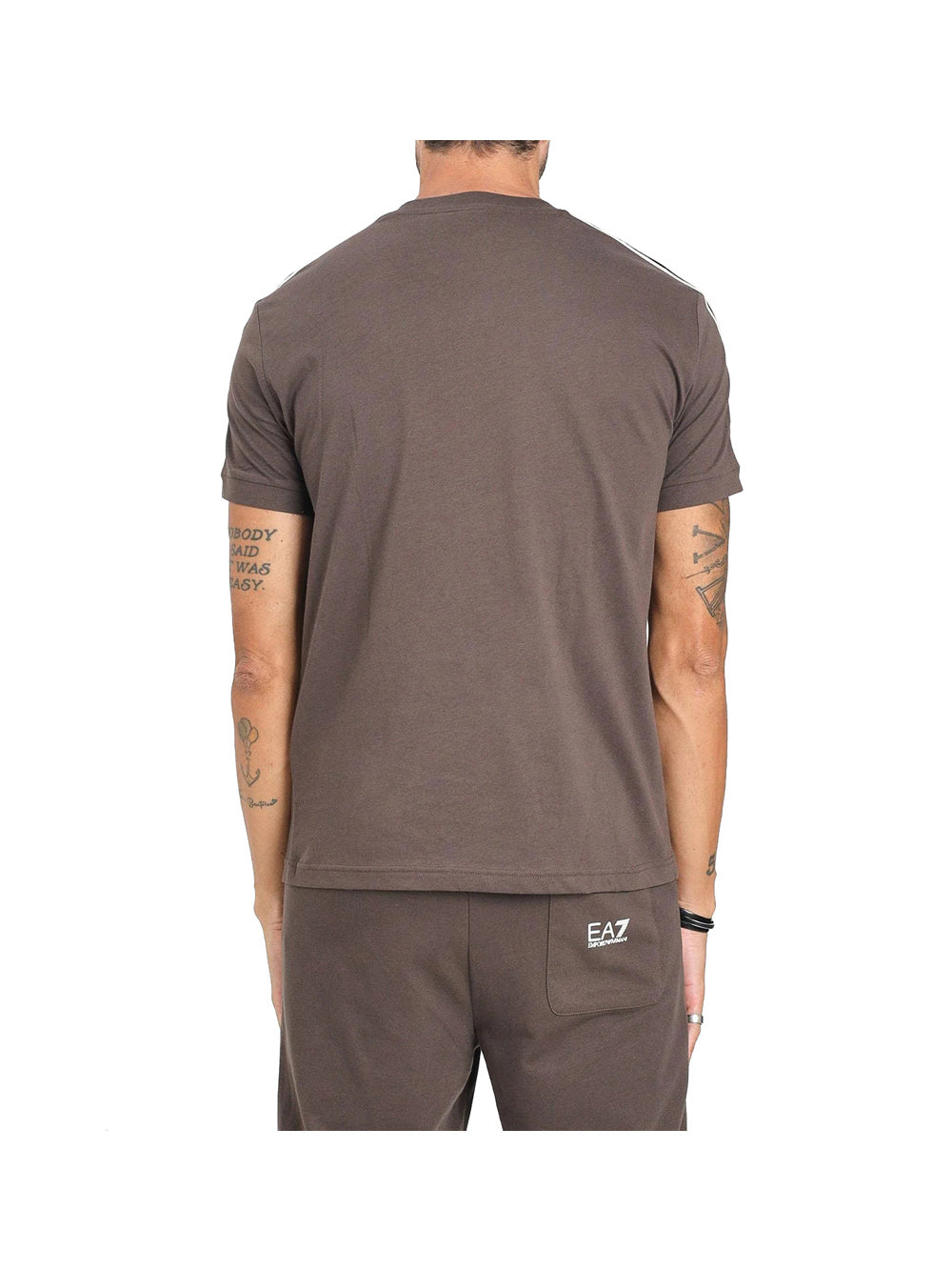 EA7 T-Shirt Ea7 A Manica Corta Marrone Da Uomo Con Bande Logate - Marrone Marrone