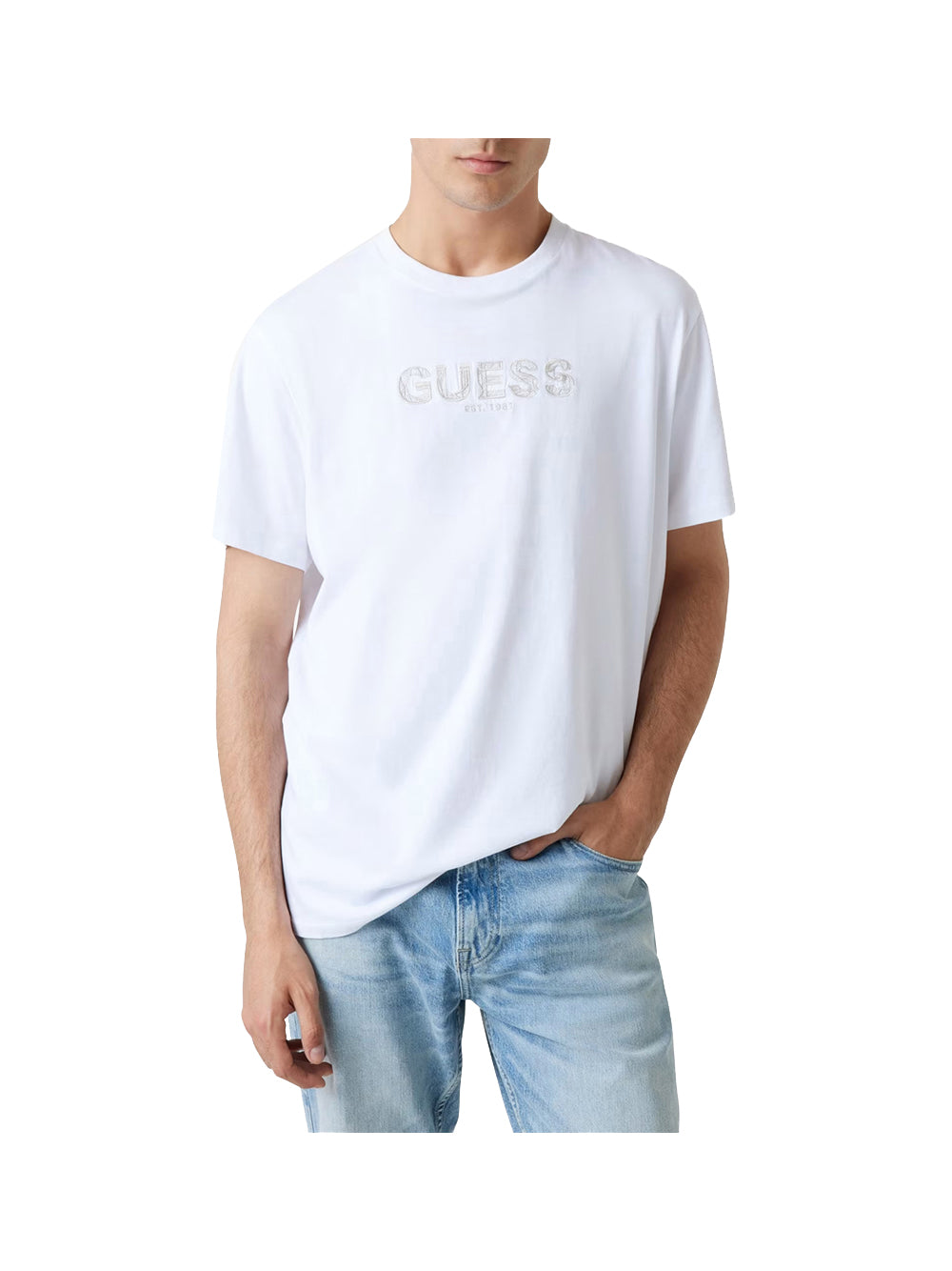 GUESS 1 USCITA Guess T-Shirt Ss Bsc Guess Embroid Uomo Bianco Bianco