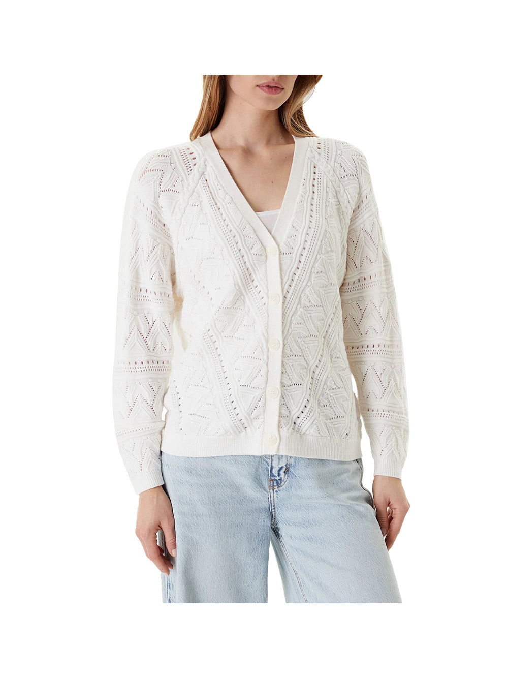 GUESS 1 USCITA Guess Ls Vn Pointelle Amel Cardigan Donna Bianco Bianco