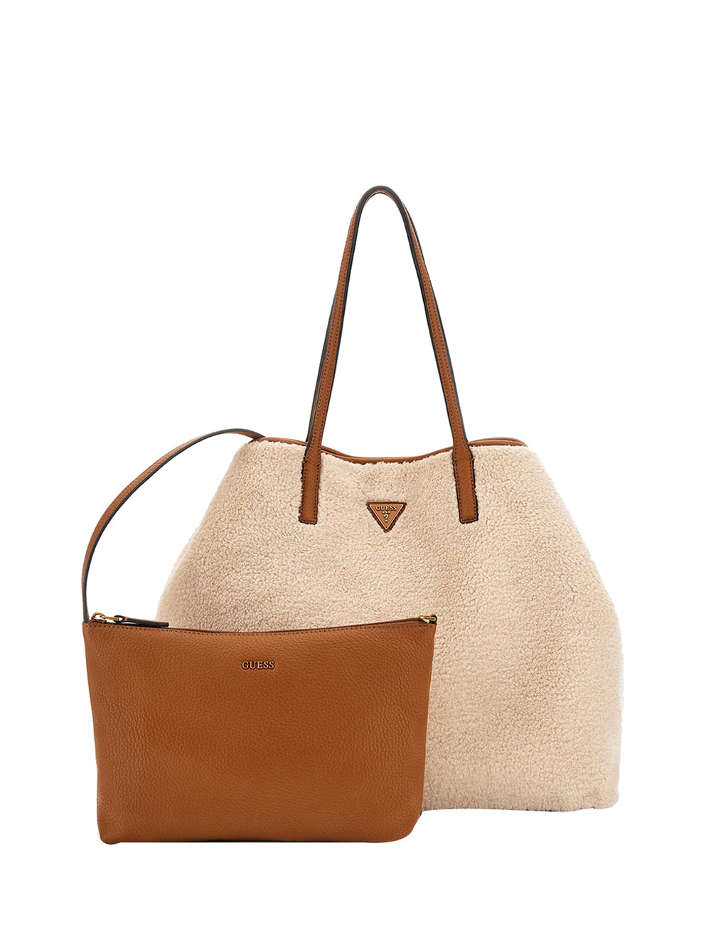 GUESS 2 USCITA Shopper Victtoria Pelliccia Sintetica - Beige Natural/Cognac