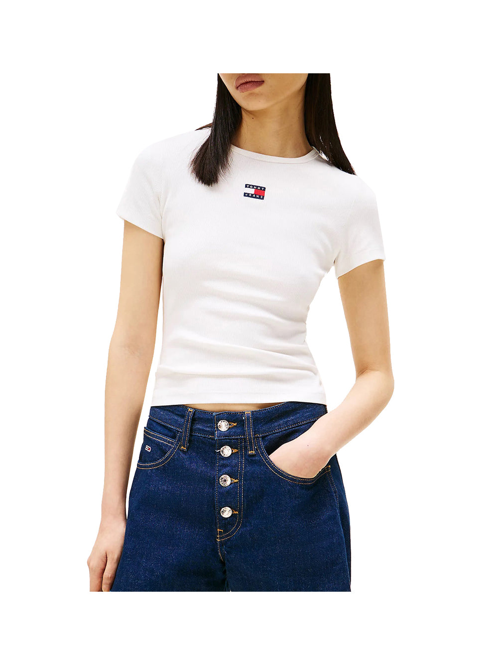 TOMMY JEANS 1USCITA Tommy Jeans Tjw Slim Badge Rib T-Shirt Donna Bianco Bianco