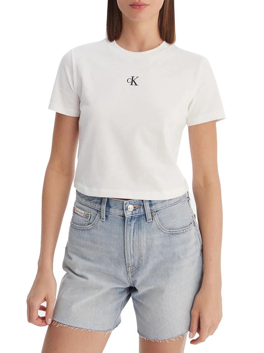 CALVIN2 2USCITA T-Shirt Calvin Klein Ss Logo Cropped Bianco Bright White