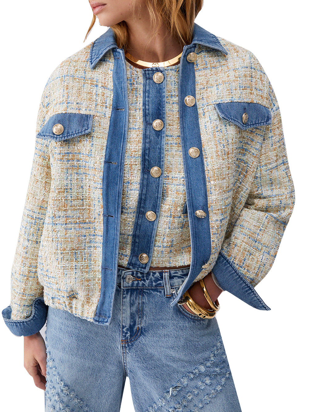LIUJO DENIM Bomber Bouclé Con Inserti In Denim - Bianco/Denim MULTI