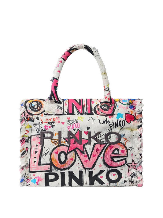 PINKO Shopper Pinko In Cotone Con Logo - Multi BIANCO/MULTI
