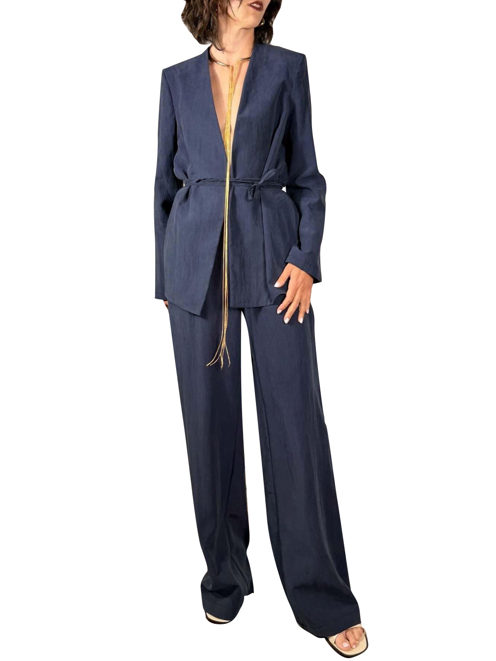 SUSY MIX Completo Giacca Kimono Con Cinta e Pantalone A Palazzo Susy Mix - Blu Blu