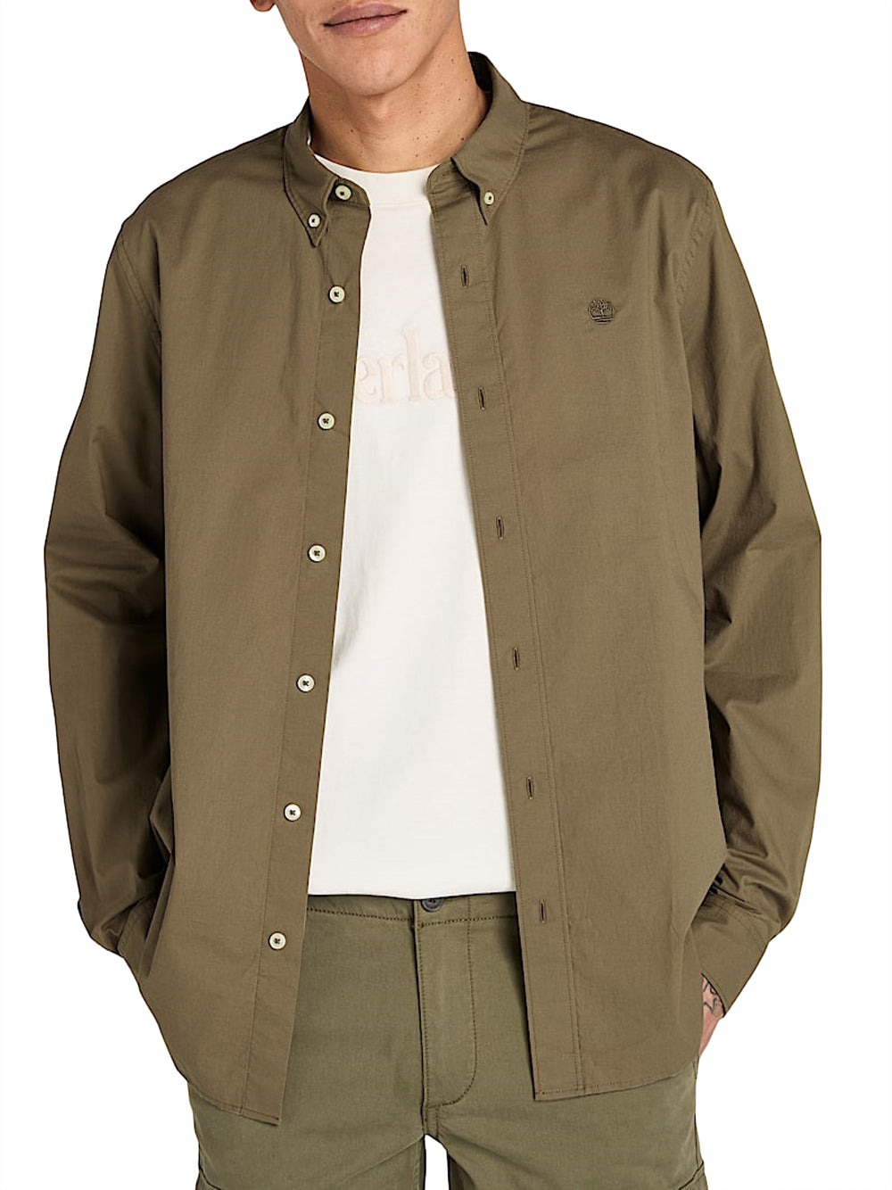 TIMBERLAND Timberland Camicia a Maniche Lunghe in Popeline Elasticizzato da Uomo Verde CASSEL EARTH