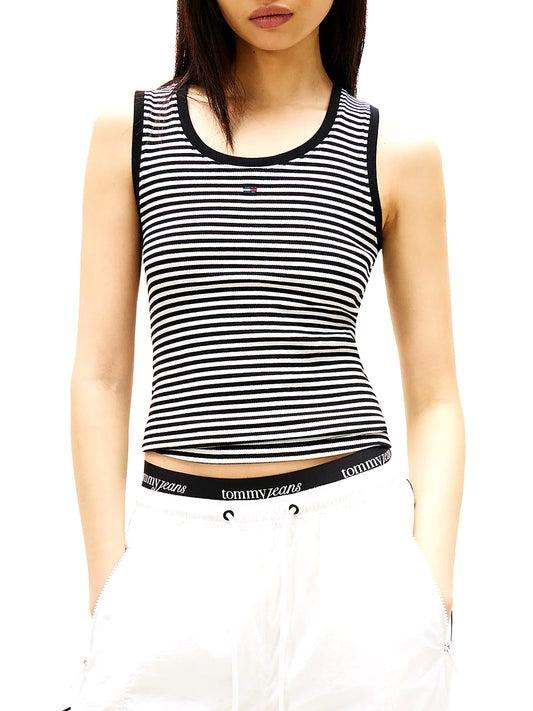 TOMMY JEANS 2USCITA Tommy Jeans Canotta Slim Fit A Coste Con Logo - Nero Bianco Black/Ecru Stripe