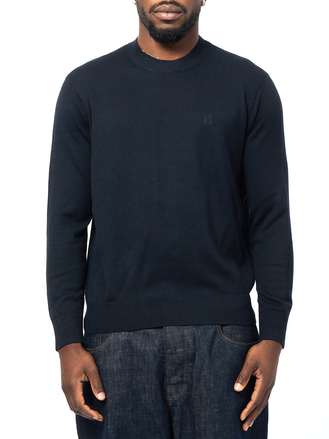 ARMANI EXCHANGE Maglione Girocollo Con Logo In Cotone Viscosa E Seta Icon Armani Exchange - Blu Navy Deep Navy
