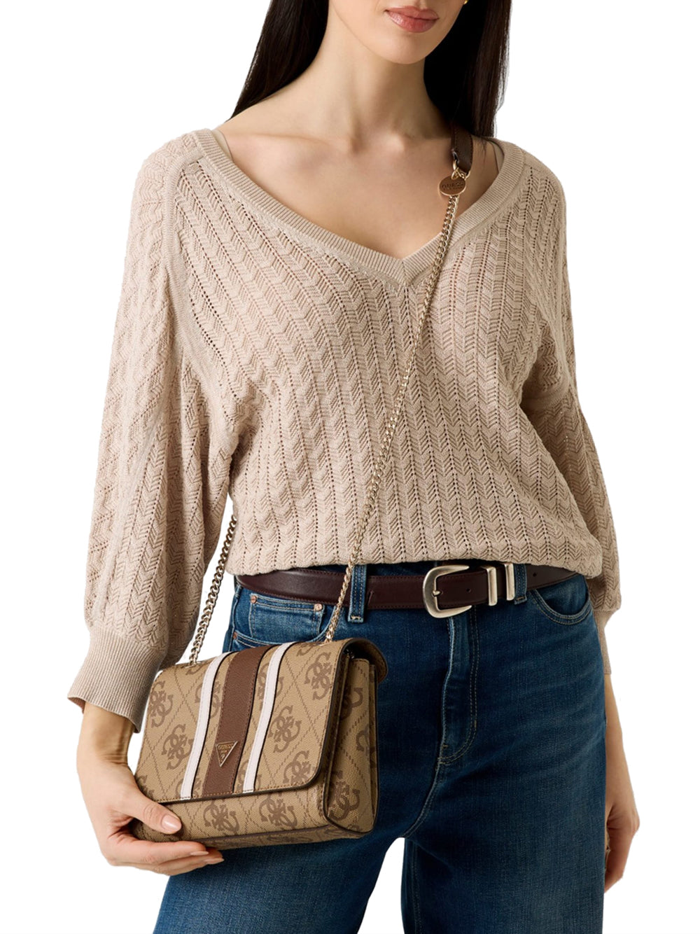 GUESS 1 USCITA Guess Borsa A Tracolla Con Logo Noelle - Brown Latte Logo/Brown