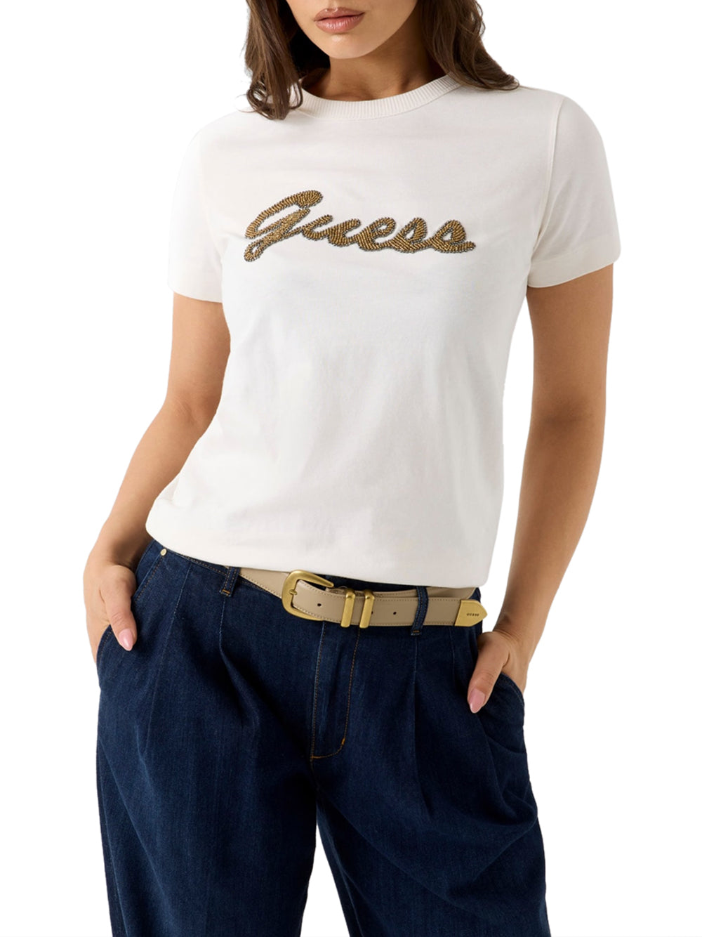 GUESS 1 USCITA Guess T-Shirt Beads Script - Cream Cream white