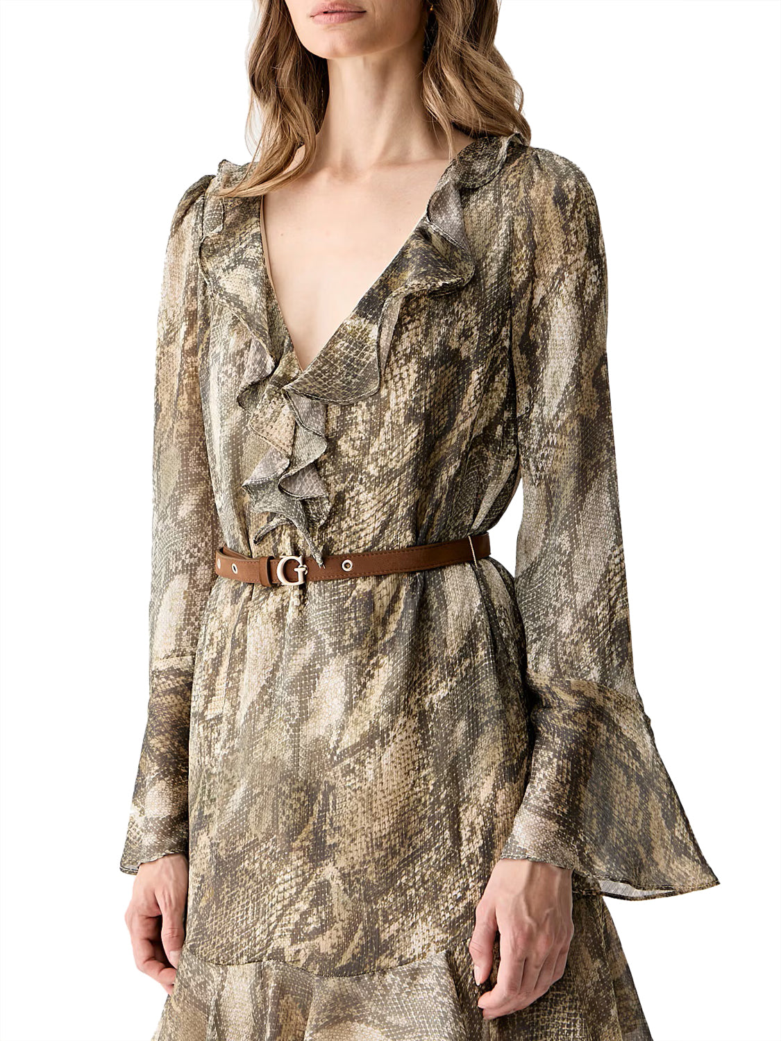 GUESS 1 USCITA Guess Abito Ls Emy Belted Pitonato - Verde Militare Rustic Phyton
