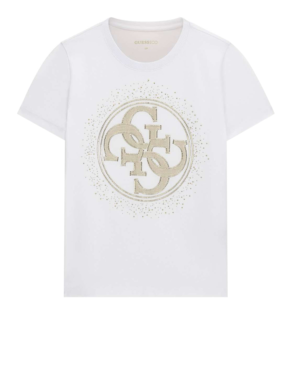 GUESS 2 USCITA T-Shirt Guess Ss Cn 4G Round Crystals Logo - Bianco Pure white
