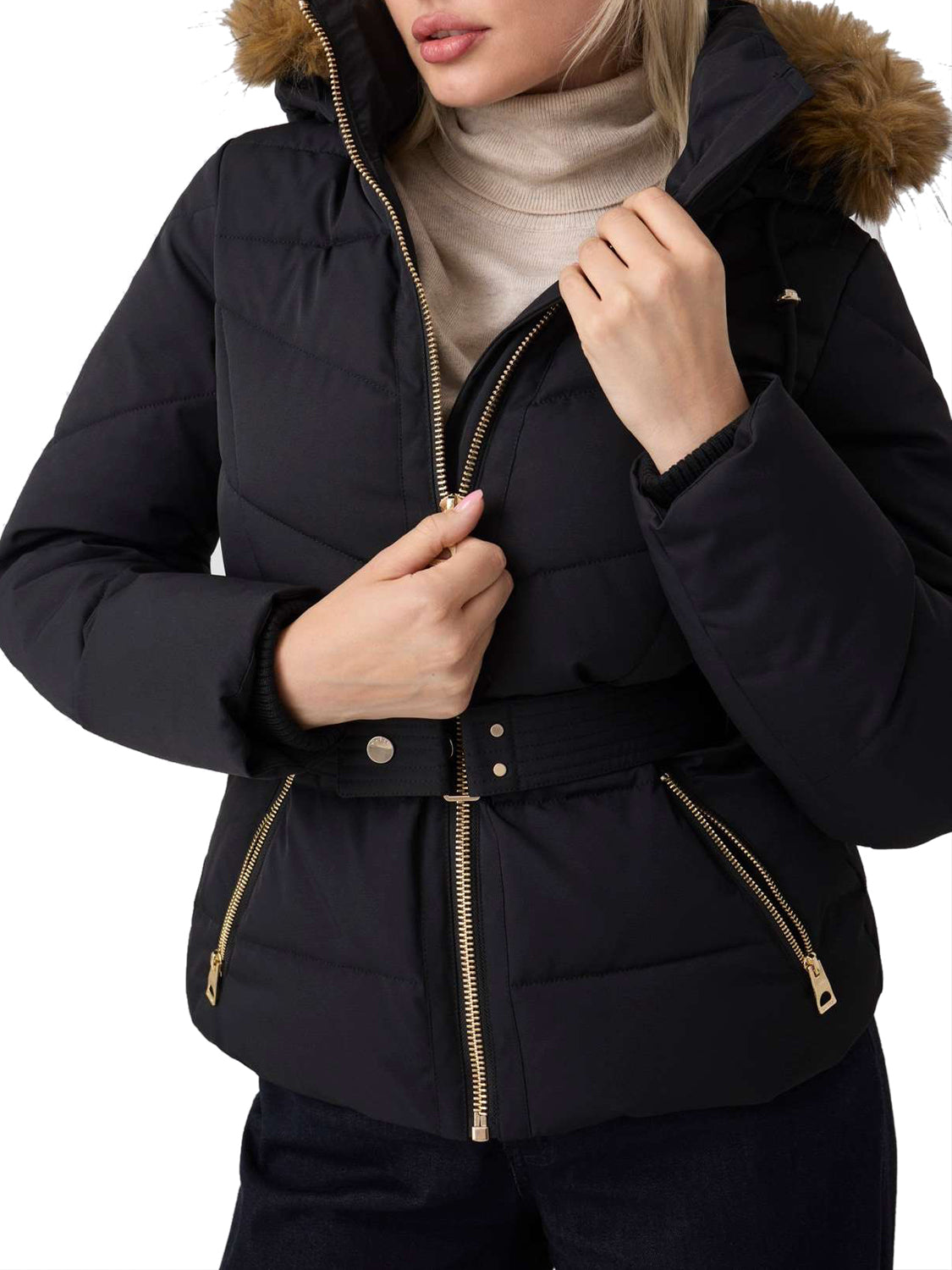 GUESS 2 USCITA Giubbotto Guess New Fatema Short Belted Puffer Nero Jet Black A996