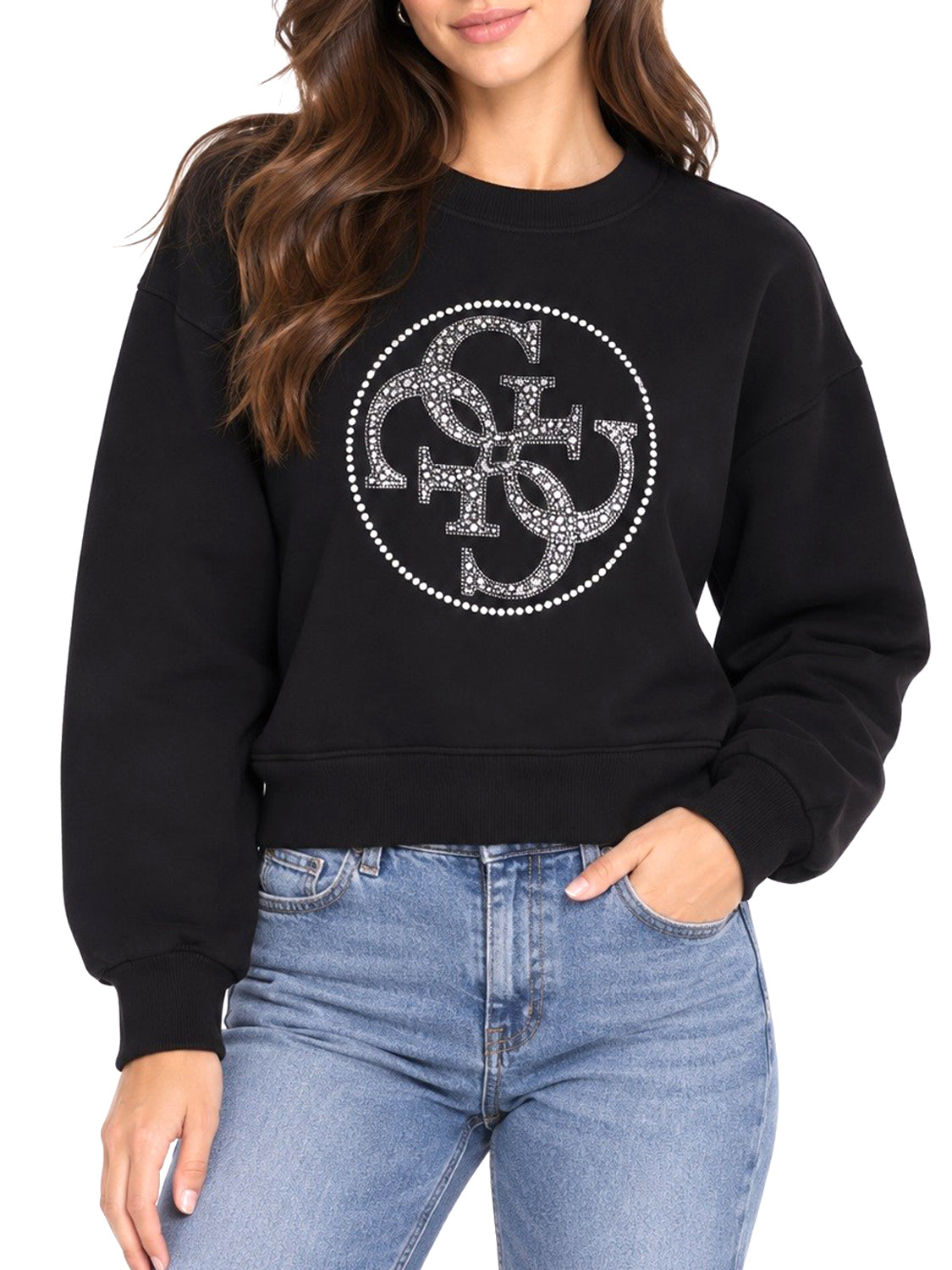 GUESS 2 USCITA Felpa Guess Cn 4G Round Logo Rhinestones P - Nero Nero
