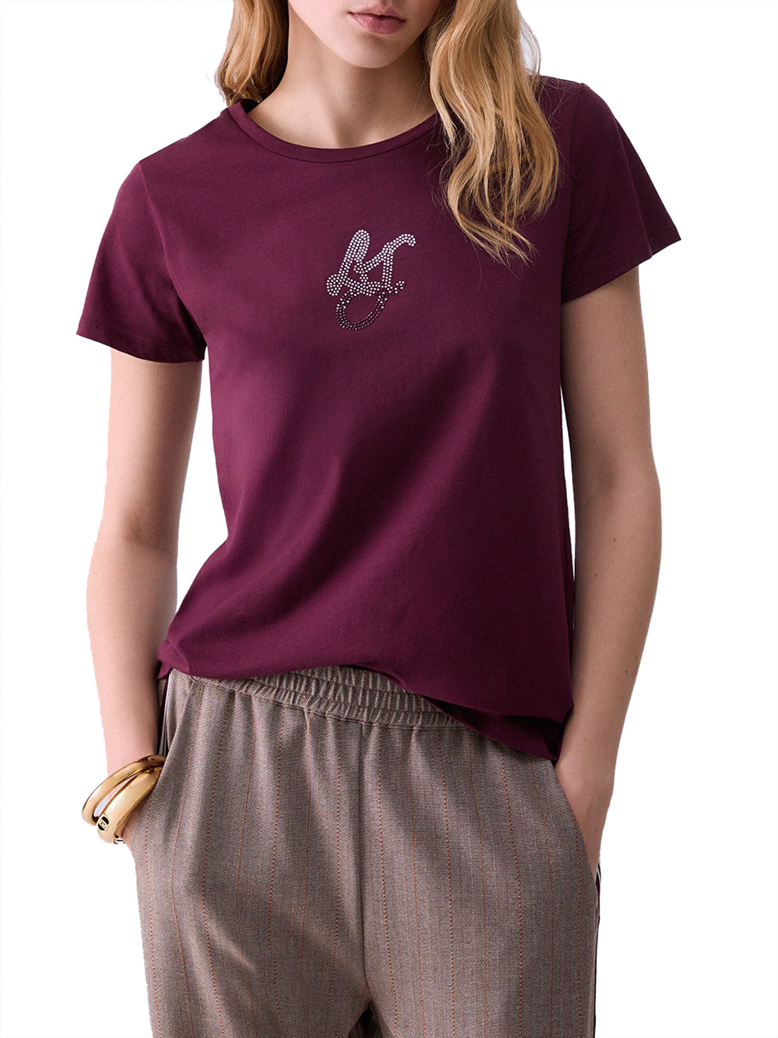 LIUJO SPORT Tshirt Con Logo E Strass Liu Jo Sport - Red Aubergine Red Aubergine/Lj