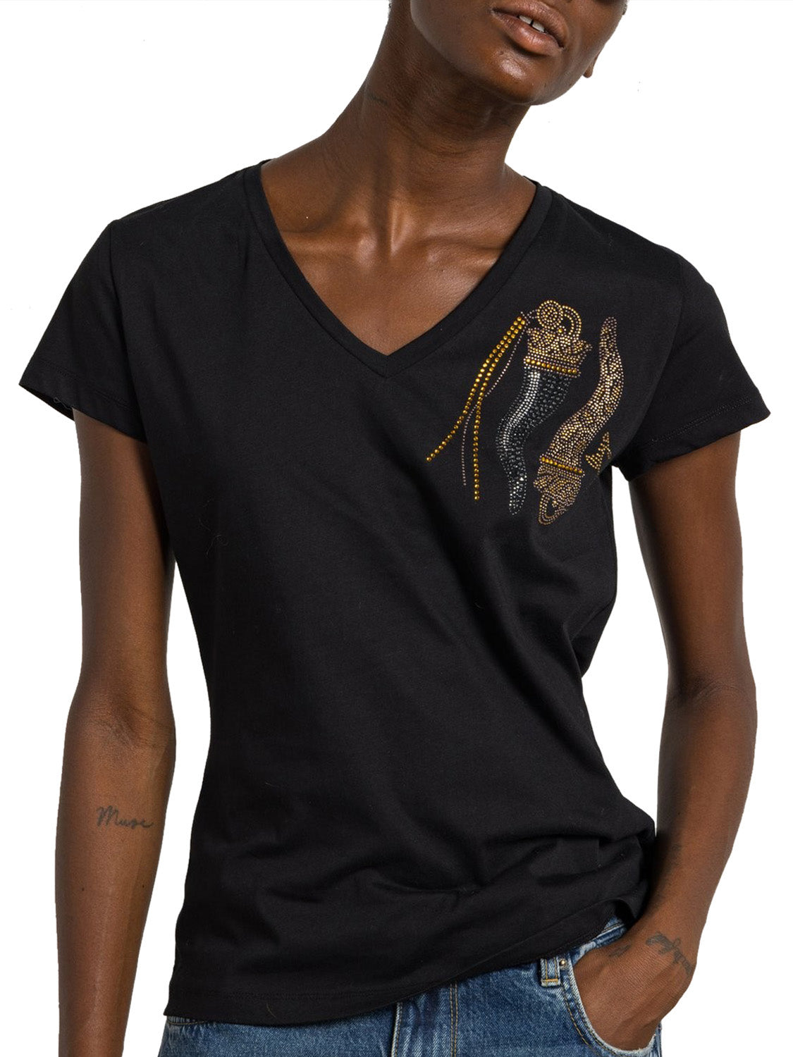 LIU.JO WHITE Liu Jo T-Shirt Strass Frontale Nero Nero Lj Lucky Horns