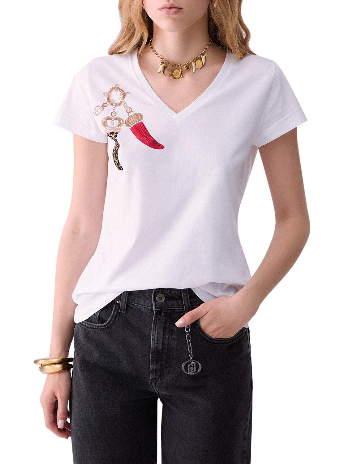 LIU.JO WHITE T-Shirt Liu Jo Scollo A V Bianco Bco Lj Horns Red&Spo