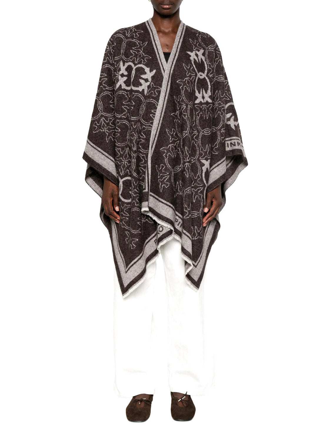 PINKO Poncho Pinko Con Frange E Logo Jacquard Marrone BEIGE/MARRONE