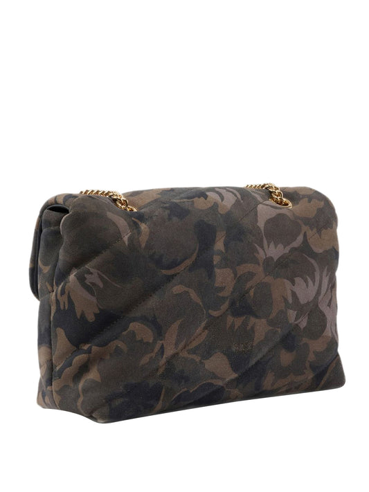 Pinko Borsa A Spalla Love Puff Classic In Pelle Con Stampa Pinko - Verde Militare/Oro Mult.Militar Green-Gold