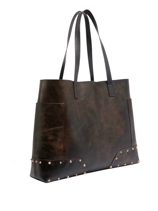 Pinko Borsa Shopper In Pelle Con Borchie E Logo Love Birds Pinko - Marrone/Oro Dark Brown-Gold