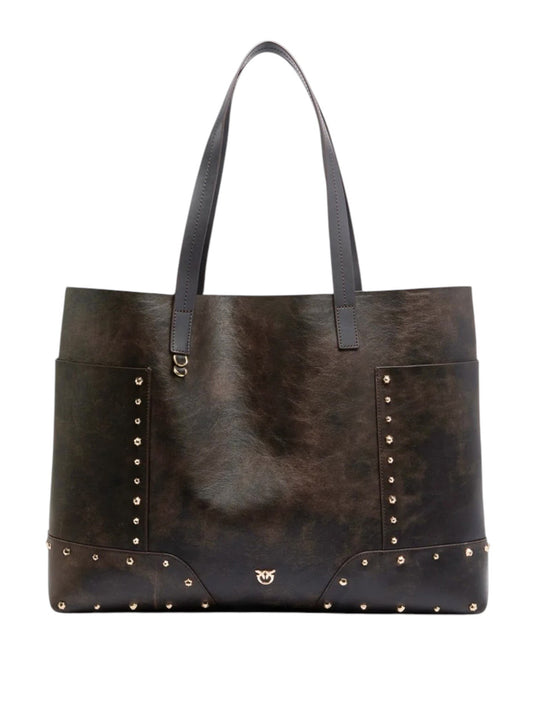 Pinko Borsa Shopper In Pelle Con Borchie E Logo Love Birds Pinko - Marrone/Oro Dark Brown-Gold