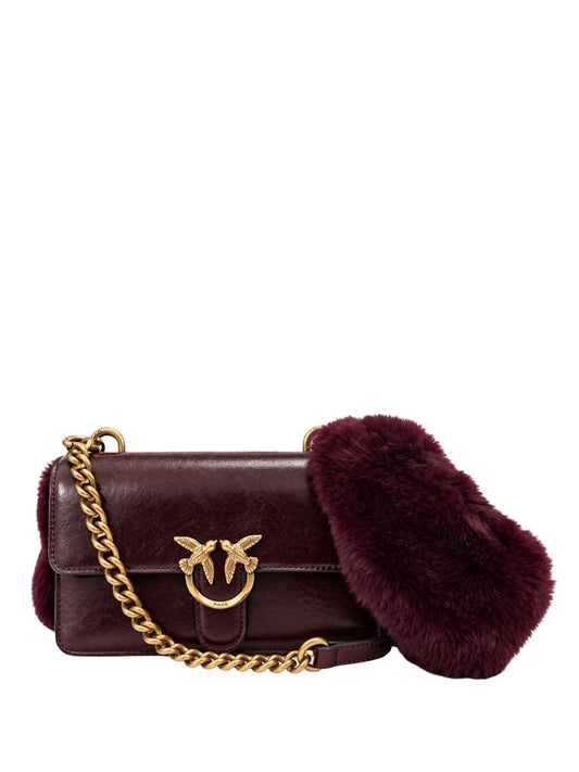 Pinko Borsa Love One Mini In Pelle Con Tracolla Effetto Pelliccia Pinko - Bordeaux Borgogna-Antique Gold