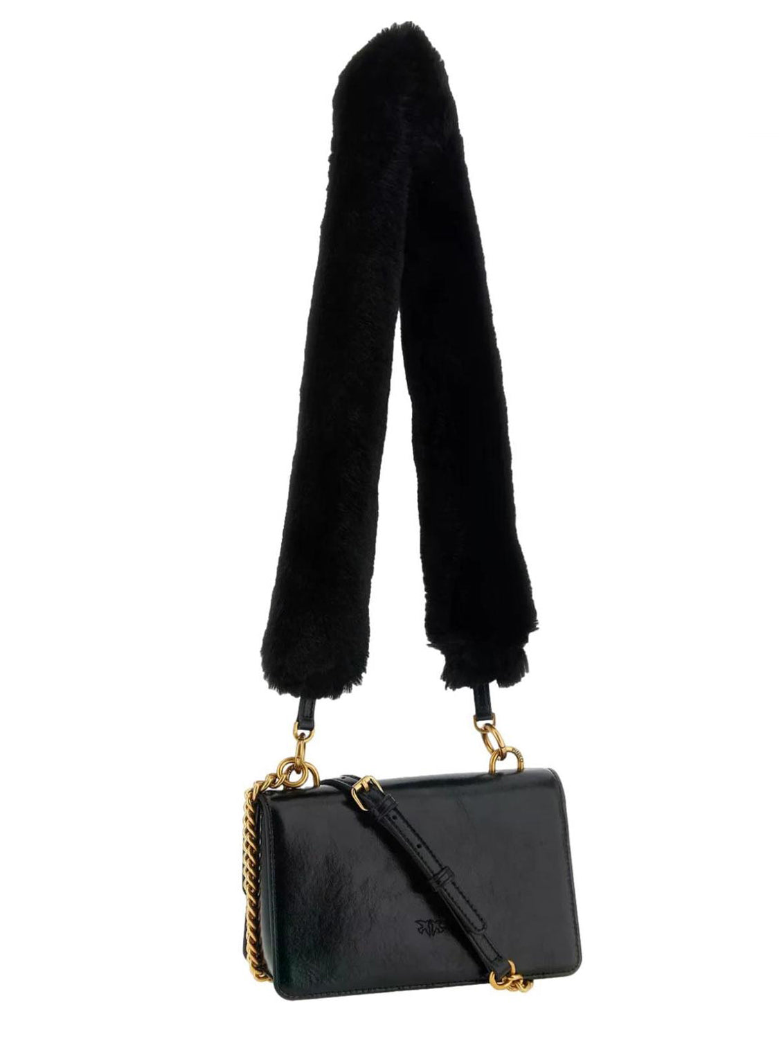 Pinko Borsa Love One Mini In Pelle Con Tracolla Effetto Pelliccia Pinko - Nero/Oro Nero-Antique Gold
