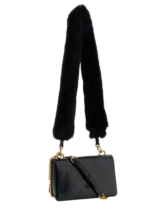 Pinko Borsa Love One Mini In Pelle Con Tracolla Effetto Pelliccia Pinko - Nero/Oro Nero-Antique Gold