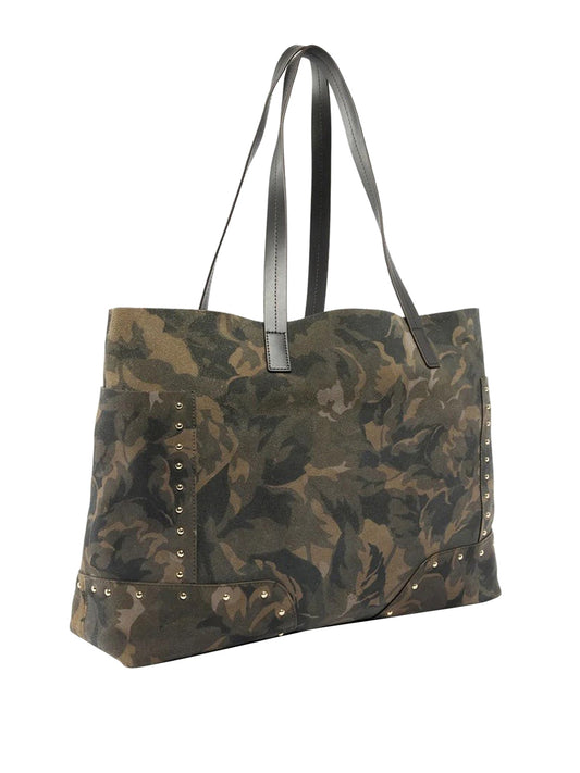 Pinko Borsa Shopper In Suede Con Stampa Camouflage E Borchie Pinko - Verde Militare Multicolor Mult.Militar Green-Gold