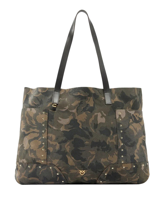 Pinko Borsa Shopper In Suede Con Stampa Camouflage E Borchie Pinko - Verde Militare Multicolor Mult.Militar Green-Gold