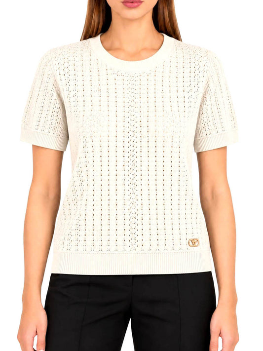 YES ZEE Maglia Donna Girocollo, Traforata Con Lurex,M/C Yes Zee - Avorio Avorio