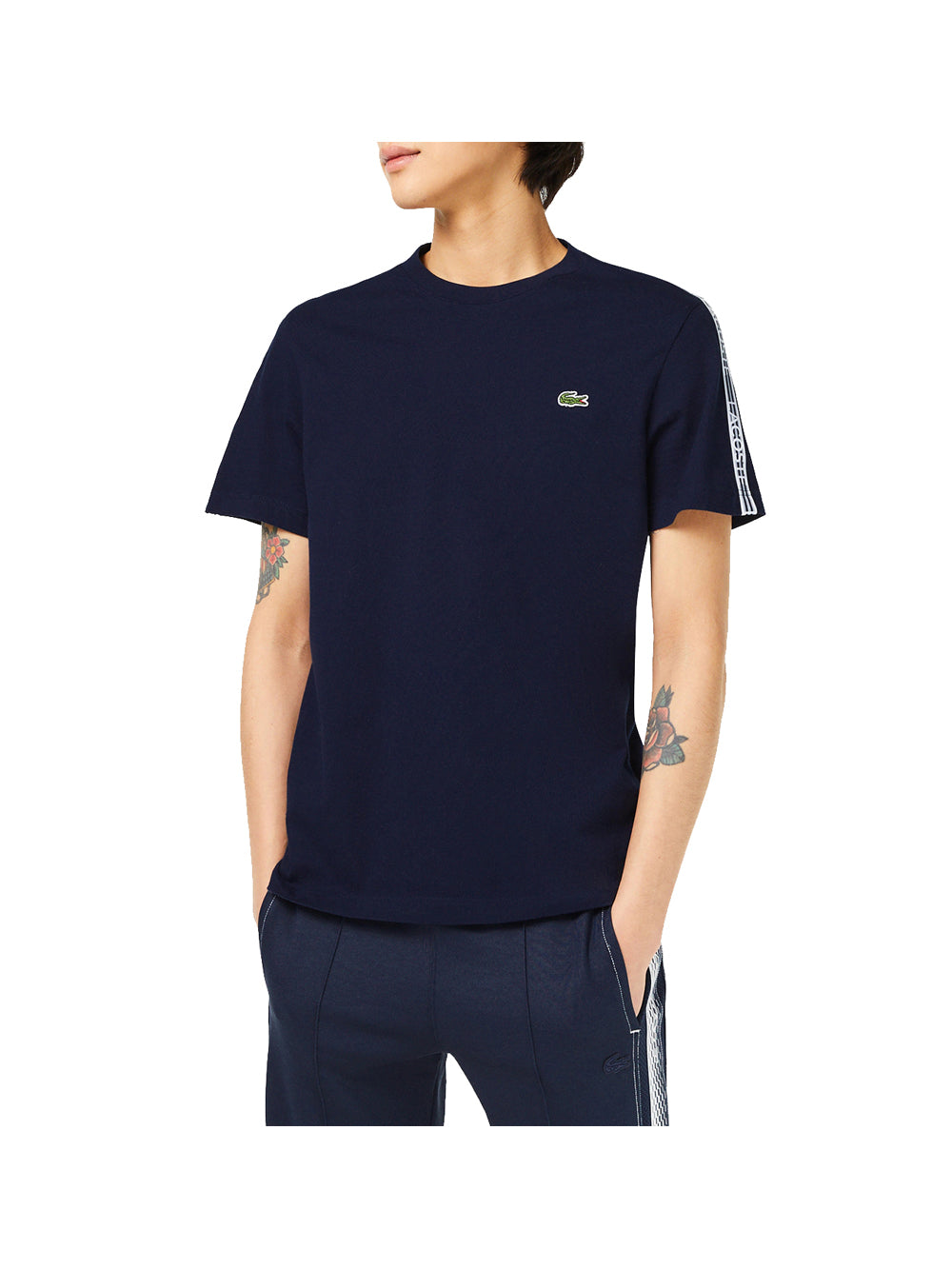 LACOSTE T-shirt Uomo Blu Navy con bande logate laterali NAVY